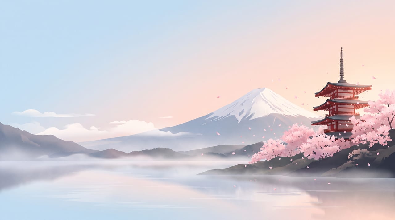 Illustration of Mount Fuji, a red five-story pagoda and cherry blossoms, Japan